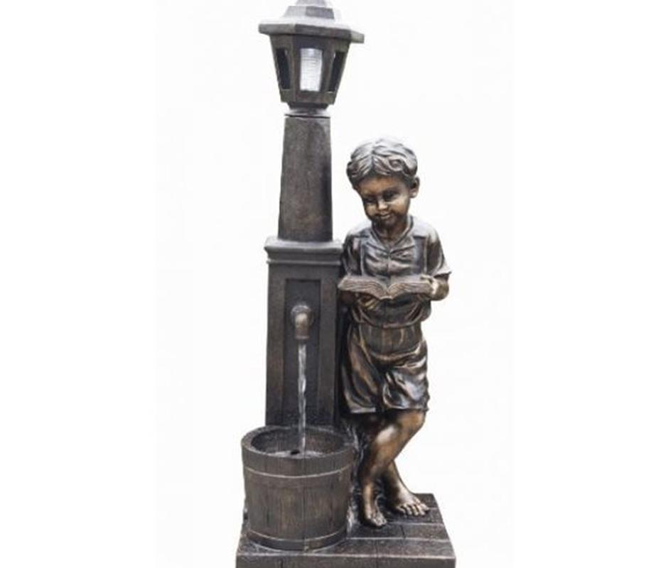 Boy Reading at Lamp Water Feature - 